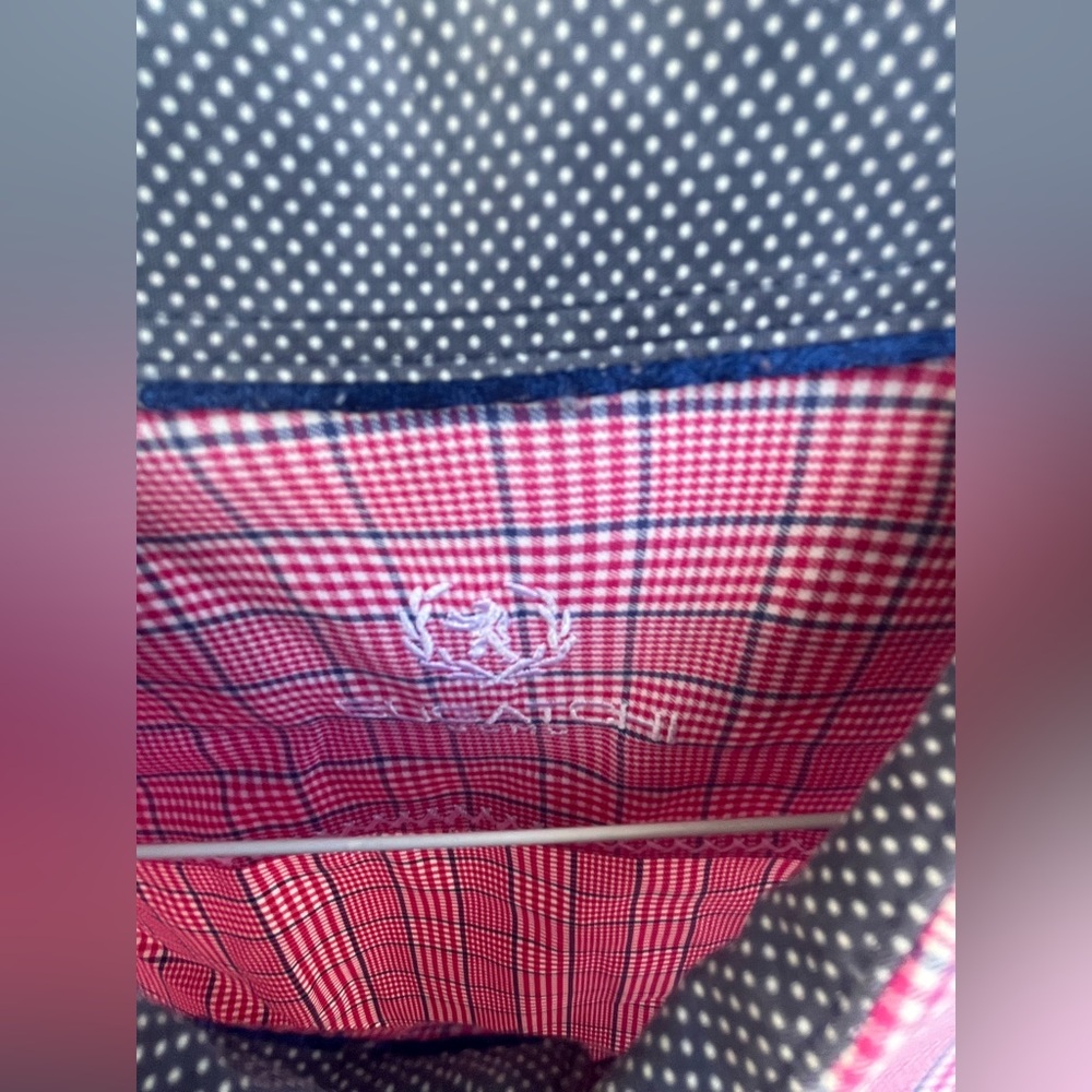 Bugatchi Red, white, blue. Houndstooth Checkered Shirt. SZ 16, 34/35.